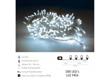 Guirnalda Luces Navidad 300 Leds Color Blanco Frio Luz Navidad Interiores y Exteriores Ip44. Cable Transparente.