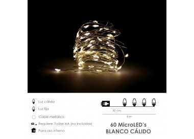 Guirnalda Luces Navidad Microled 60 Leds Color Blanco Calido.Luz navidad interiores IP20 A Pilas (3 AA No Incluidas)