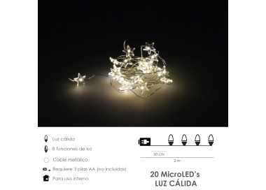 Guirnalda Luces Navidad Estrellas 20 Leds Color Blanco Calido.Luz navidad interiores y exteriores IP44 A Pilas 3AA (No Incluida)