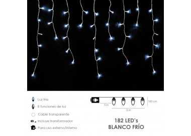 Guirnalda Luces Navidad Cortina 5x1 Metros 182 Leds Blanco Frio. Luz Navidad Interiores y Exteriores Ip44. Cable Transparente