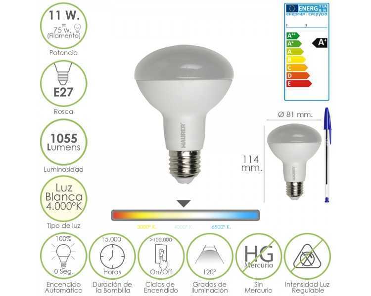 Bombilla Led Standar Rosca E27 (Gorda) 11 Watt. Equivale a 75 Watt. 1055 Lumenes. Luz Blanca (4.000º K) A+