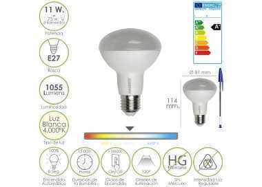 Bombilla Led Standar Rosca E27 (Gorda) 11 Watt. Equivale a 75 Watt. 1055 Lumenes. Luz Blanca (4.000º K) A+