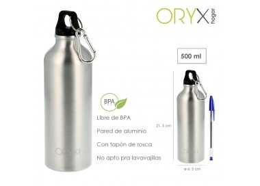 Botella de Agua Aluminio Con mosqueton, Cierre hermetico 500 ml.