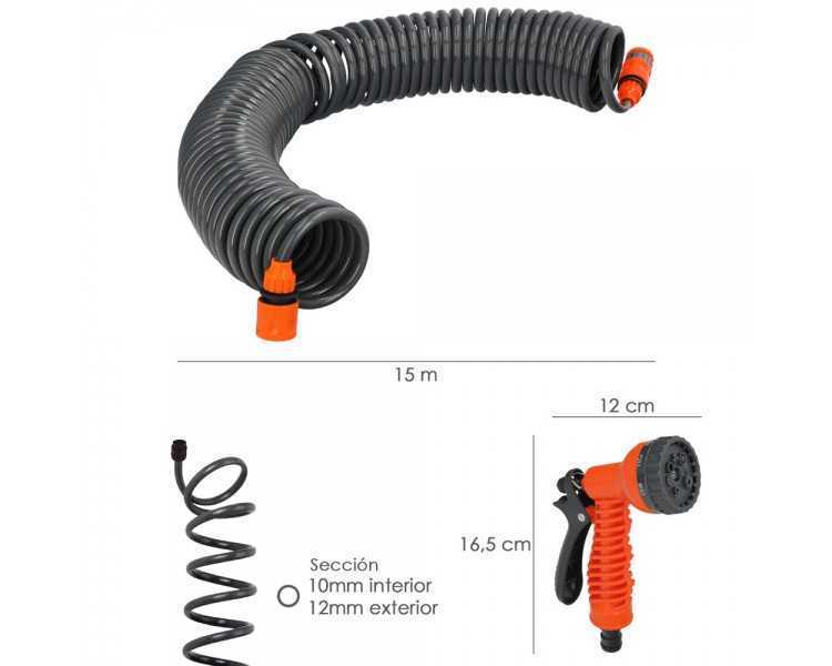 Manguera  Extensible Espiral Autoenroscable Para Riego Jardin 15 MetrosCon Pistola y Conectores