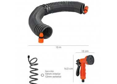 Manguera  Extensible Espiral Autoenroscable Para Riego Jardin 15 MetrosCon Pistola y Conectores