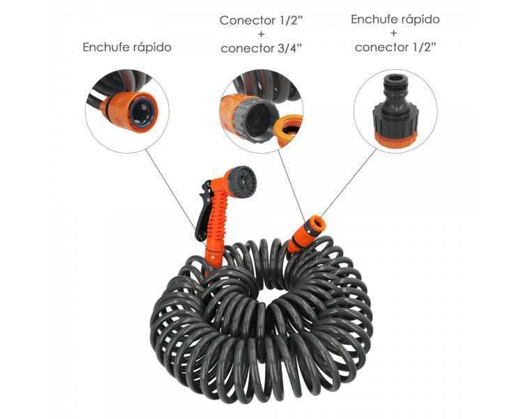 Manguera  Extensible Espiral Autoenroscable Para Riego Jardin 15 MetrosCon Pistola y Conectores