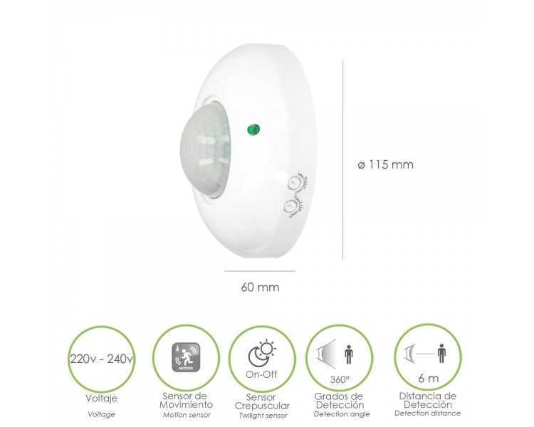 Detector De Movimiento Por Infrarrojos Con Sensor Crepuscular 360°. Ajustable