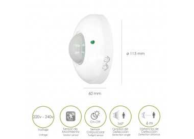 Detector De Movimiento Por Infrarrojos Con Sensor Crepuscular 360°. Ajustable