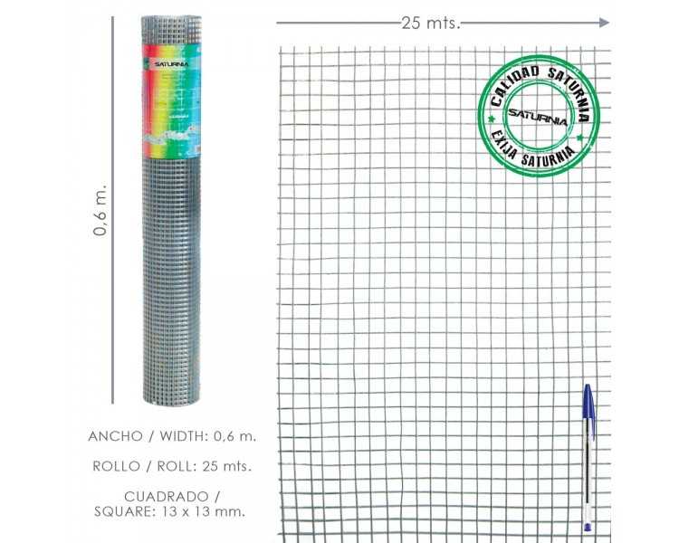 Malla Electrosoldada Galvanizada 13x13 / Altura 60 cm. Rollo 25 Metros. Uso Domestico