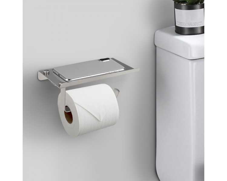 Portarrollos Baño Con Estante Para Moviles Autoadhesivo, Color Inox Con Efecto Espejo, Autoadhesivo Resistente o Con Tornillos