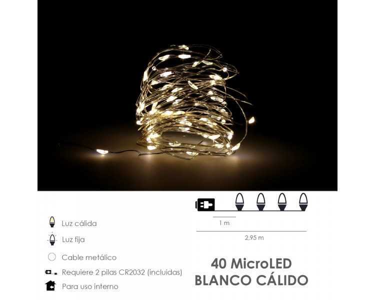 Guirnalda Luces Navidad Microled 40 Leds Color Blanco Calido. Luz navidad interiores IP20 A Pilas (3 AA No Incluidas)