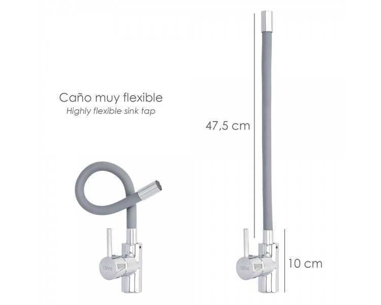 Grifo Monomando Fregadero Flexible Caño Alto, Grifo De Cocina Flexible Caño Alto.Cartucho ceramico Ø 35 mm.