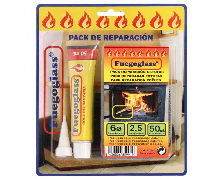 Kit Reparacion Estufas/Chimeneas, Cola Refractaria y Cordon Fibra Vidrio 6 mm. x 2,5 m.