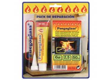 Kit Reparacion Estufas/Chimeneas, Cola Refractaria y Cordon Fibra Vidrio 6 mm. x 2,5 m.
