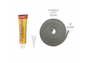 Kit Reparacion Estufas/Chimeneas, Cola Refractaria y Cordon Fibra Vidrio 6 mm. x 2,5 m.