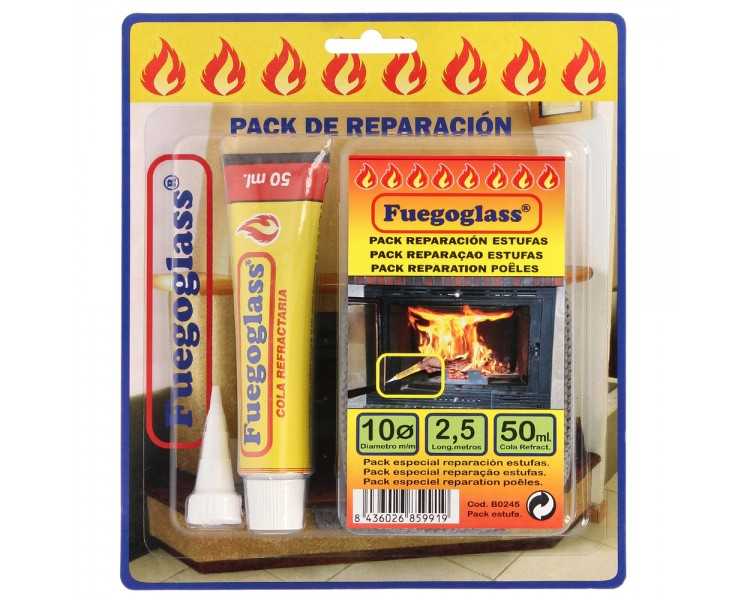 Kit Reparacion Estufas/Chimeneas, Cola Refractaria y Cordon Fibra Vidrio 10 mm. x 2,5 m.