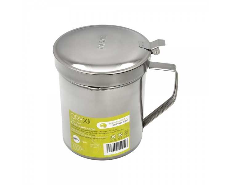 Grasera Acero Inoxidable Para Carne, Aceitera Aceite Usado 0,5 lts. Con Colador y Tapa, Recipiente Reciclaje Aceite Usado Carne