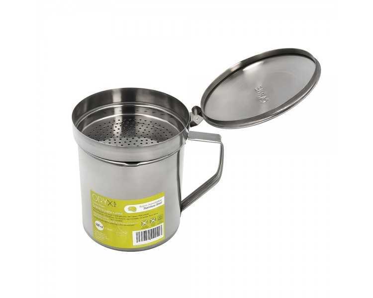 Grasera Acero Inoxidable Para Carne, Aceitera Aceite Usado 0,5 lts. Con Colador y Tapa, Recipiente Reciclaje Aceite Usado Carne