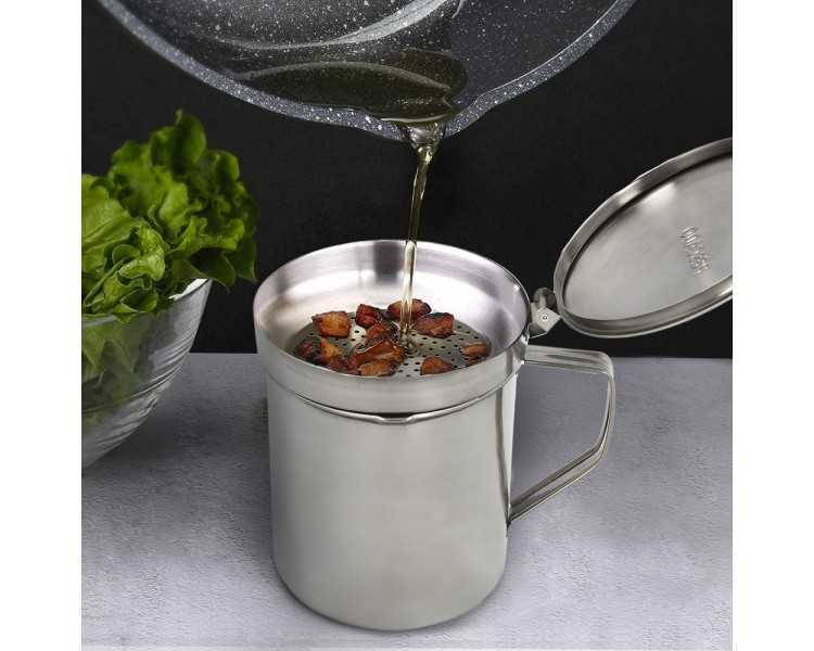 Grasera Acero Inoxidable Para Carne, Aceitera Aceite Usado 0,5 lts. Con Colador y Tapa, Recipiente Reciclaje Aceite Usado Carne