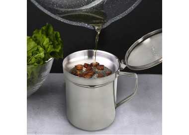 Grasera Acero Inoxidable Para Carne, Aceitera Aceite Usado 0,5 lts. Con Colador y Tapa, Recipiente Reciclaje Aceite Usado Carne