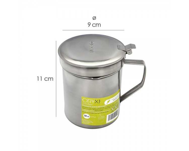 Grasera Acero Inoxidable Para Pescado Aceitera Aceite Usado 0,5 L. Con Colador y Tapa, Recipiente Reciclaje Aceite Usado Pescado