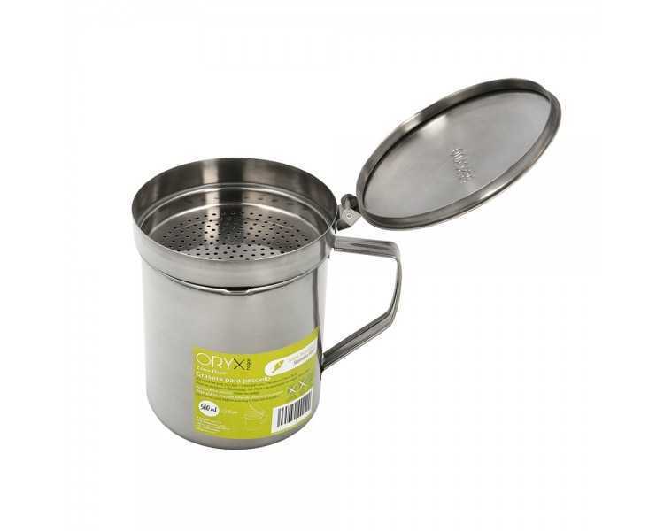 Grasera Acero Inoxidable Para Pescado Aceitera Aceite Usado 0,5 L. Con Colador y Tapa, Recipiente Reciclaje Aceite Usado Pescado