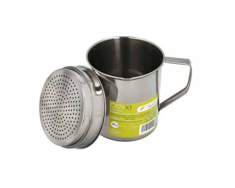 Grasera Acero Inoxidable Para Pescado Aceitera Aceite Usado 0,5 L. Con Colador y Tapa, Recipiente Reciclaje Aceite Usado Pescado
