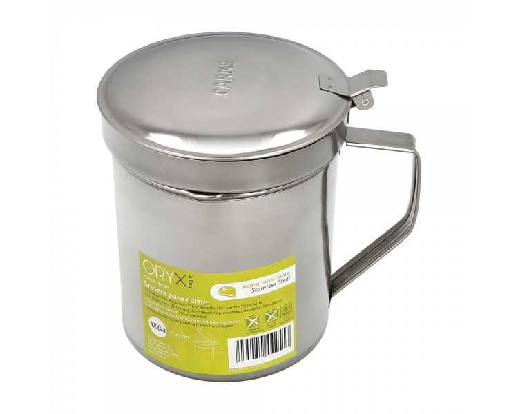 Grasera Acero Inoxidable Para Carne, Aceitera Aceite Usado 1,0 Lts. Con Colador y Tapa, Recipiente Reciclaje Aceite Usado Carne