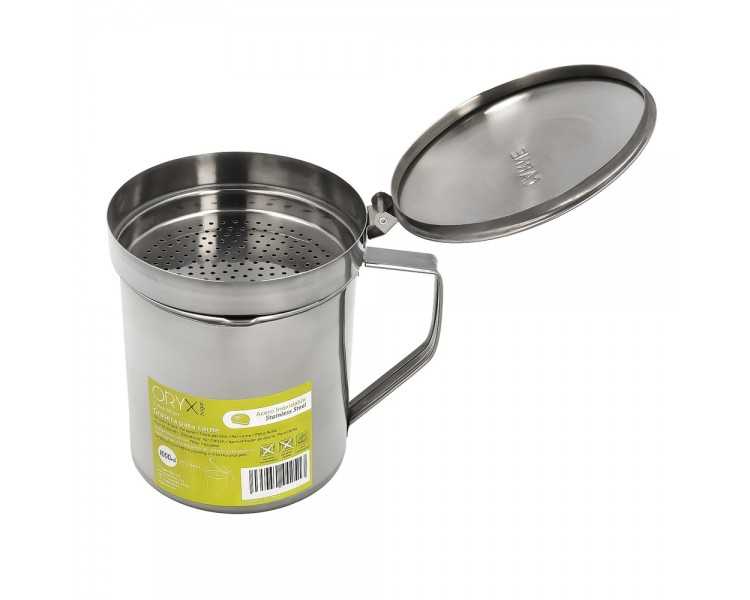 Grasera Acero Inoxidable Para Carne, Aceitera Aceite Usado 1,0 Lts. Con Colador y Tapa, Recipiente Reciclaje Aceite Usado Carne