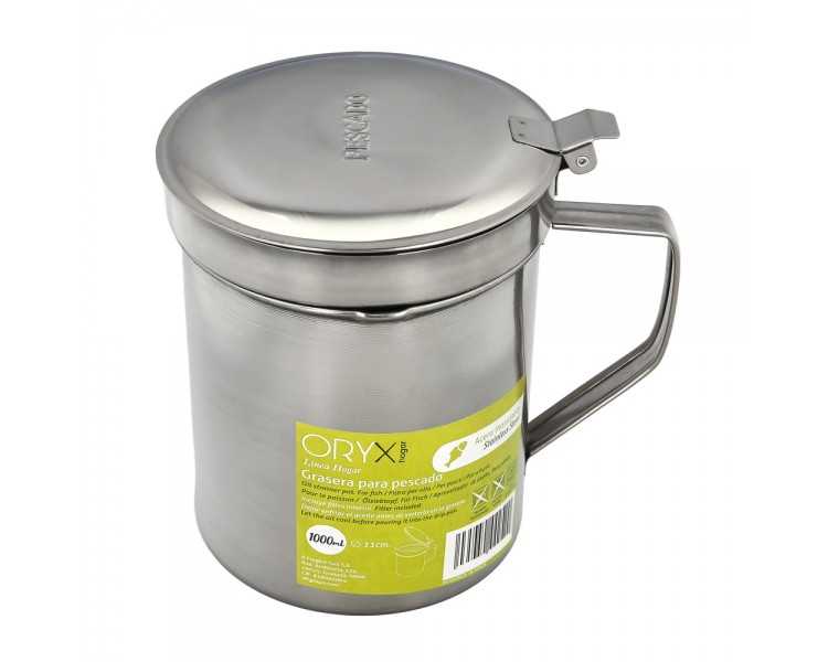 Grasera Acero Inoxidable Para Pescado Aceitera Aceite Usado 1,0 L. Con Colador y Tapa, Recipiente Reciclaje Aceite Usado Pescado