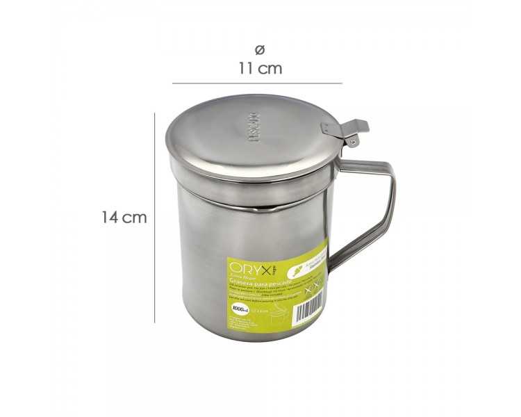 Grasera Acero Inoxidable Para Pescado Aceitera Aceite Usado 1,0 L. Con Colador y Tapa, Recipiente Reciclaje Aceite Usado Pescado
