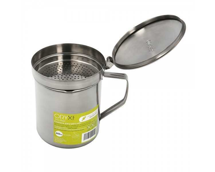 Grasera Acero Inoxidable Para Pescado Aceitera Aceite Usado 1,0 L. Con Colador y Tapa, Recipiente Reciclaje Aceite Usado Pescado
