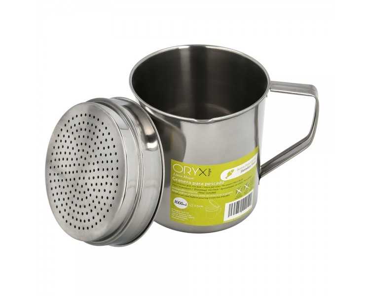 Grasera Acero Inoxidable Para Pescado Aceitera Aceite Usado 1,0 L. Con Colador y Tapa, Recipiente Reciclaje Aceite Usado Pescado