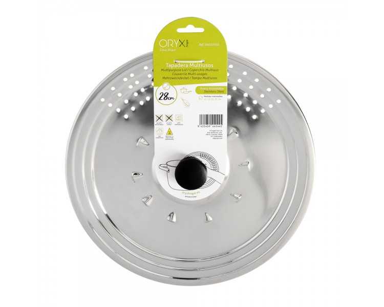 Tapadera Multiusos Acero Inoxidable Ø 28 cm. Uso Tapa Anti Salpicaduras y Escurridor. Tapadera Adpatable Diferentes Medidas