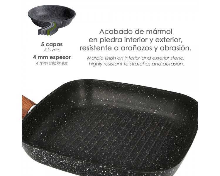 Sarten Aluminio Forjado Antiadherente 24x24x4,5 cm. Mango Engomado / 5 capas / Acabado Piedra / Todo Tipo de Cocinas / Grill