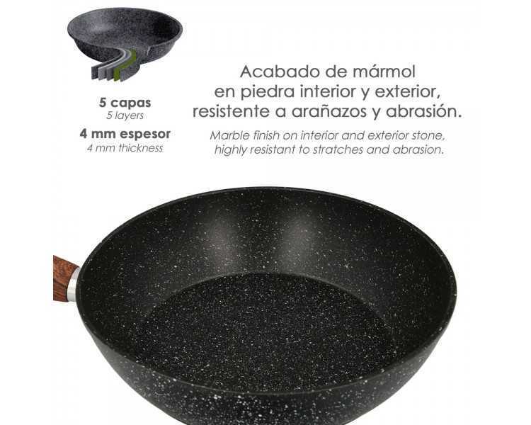 Sarten Honda Aluminio Forjado Antiadherente Ø 28x7,5 cm. Mango Engomado / 5 capas / Acabado Piedra / Para Todo Tipo de Cocinas