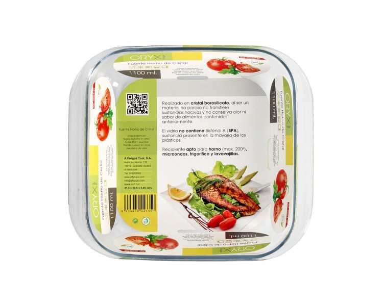 Fuente Horno Cristal Borosilicato Cuadrada 1,1litros. 18x18 cm. Ideal Meclas, Ensaladas, Postres, Cocina, Resposteria. Libre BPA