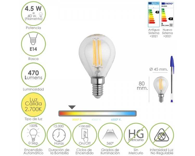 Bombilla Led Filamento Esfera Rosca E14. 4,5 Watt. Equivale A 40 Watt. 470 Lumenes. Luz Cálida (2700º K.)