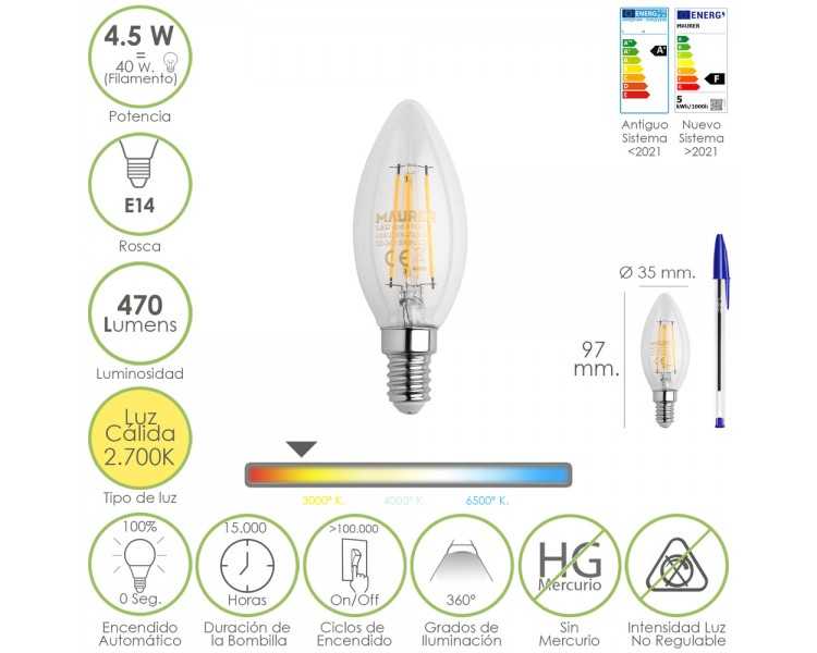 Bombilla Led Filamento Vela Rosca E14. 4,5 Watt. Equivale A 40 Watt. 470 Lumenes. Luz Cálida (2700º K.)