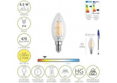 Bombilla Led Filamento Vela Rosca E14. 4,5 Watt. Equivale A 40 Watt. 470 Lumenes. Luz Cálida (2700º K.)