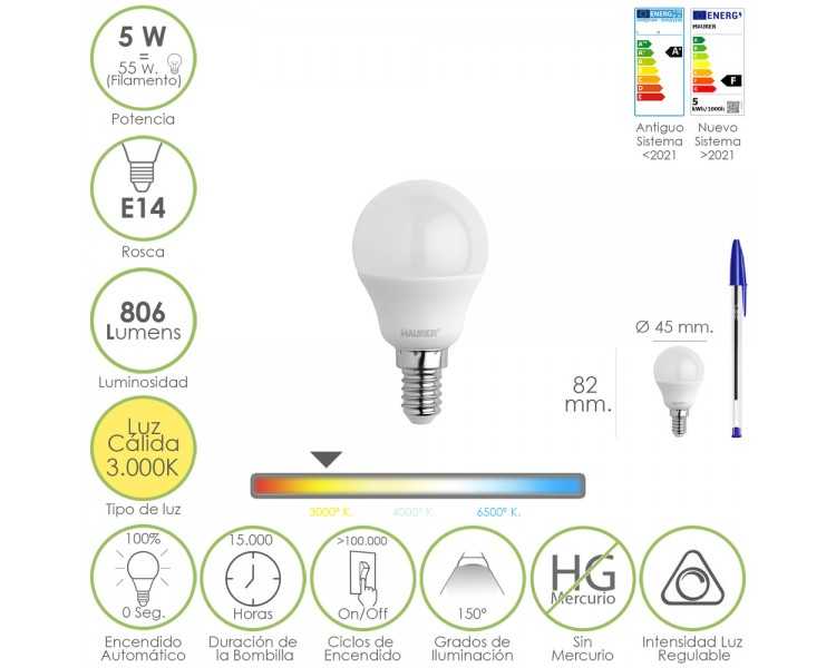 Bombilla Led Esferica Rosca E14. 5 Watt. Equivale A 55 Watt. 806 Lumenes. Regulable Luz Cálida (3000º K.)