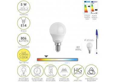 Bombilla Led Esferica Rosca E14. 5 Watt. Equivale A 55 Watt. 806 Lumenes. Regulable Luz Cálida (3000º K.)