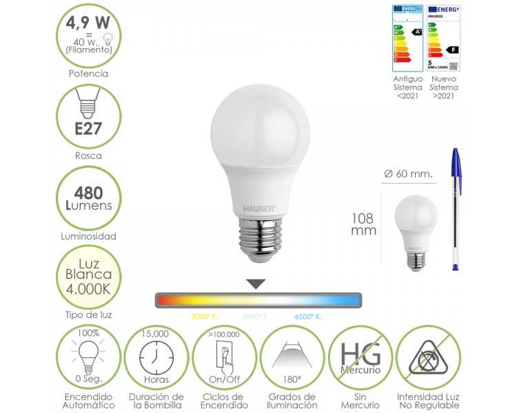 Bombilla Led Estandar Rosca E27. 4.9 Watt. Equivale A 40 Watt. 480 Lumenes. Luz Blanca (4000º K.)