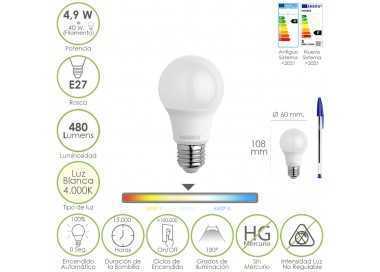 Bombilla Led Estandar Rosca E27. 4.9 Watt. Equivale A 40 Watt. 480 Lumenes. Luz Blanca (4000º K.)