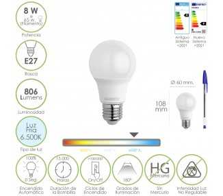 Bombilla Led Estandar Rosca E27. 8 Watt. Equivale A 65 Watt. 806 Lumenes. Luz Fría (6500º K.)