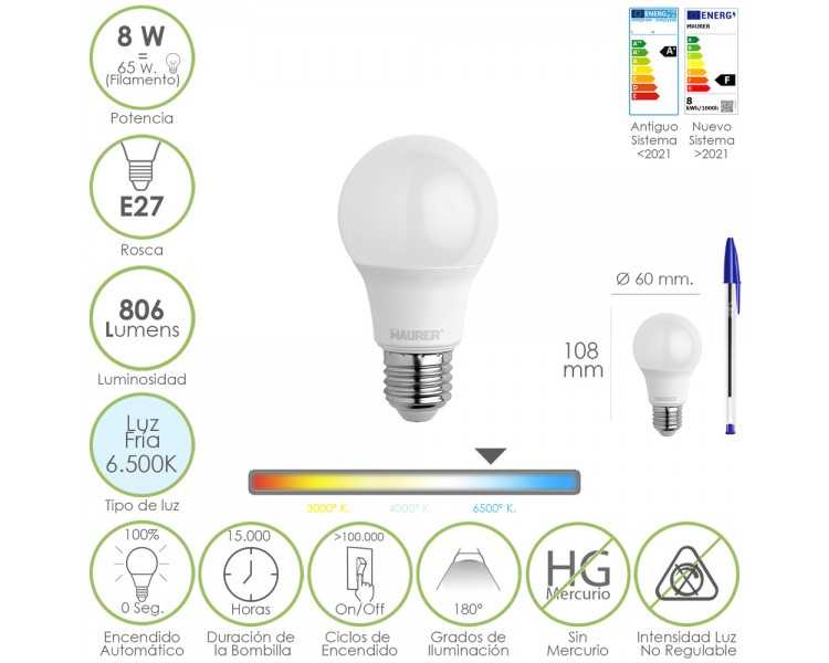 Bombilla Led Estandar Rosca E27. 8 Watt. Equivale A 65 Watt. 806 Lumenes. Luz Fría (6500º K.)