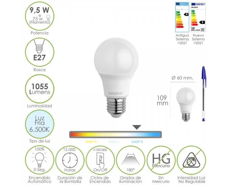 Bombilla Led Estandar Rosca E27. 9.5 Watt. Equivale A 75 Watt. 1055 Lumenes. Luz Fría (6500º K.)