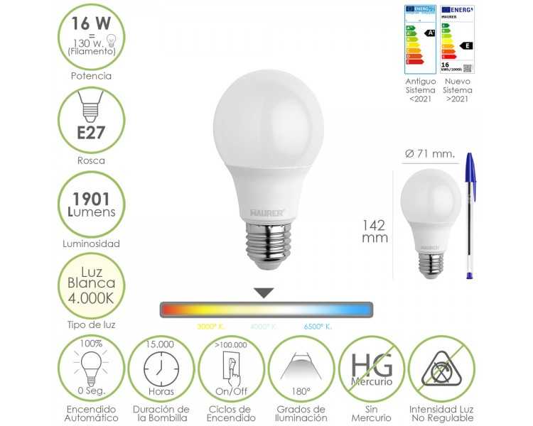 Bombilla Led Estandar Rosca E27. 16 Watt. Equivale A 130 Watt. 1901 Lumenes. Luz Blanca 4000º K.)