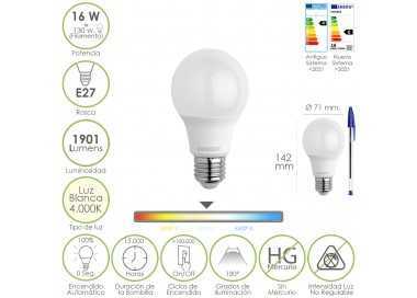 Bombilla Led Estandar Rosca E27. 16 Watt. Equivale A 130 Watt. 1901 Lumenes. Luz Blanca 4000º K.)