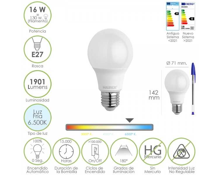 Bombilla Led Estandar Rosca E27. 16 Watt. Equivale A 130 Watt. 1901 Lumenes. Luz Fría 6500º K.)